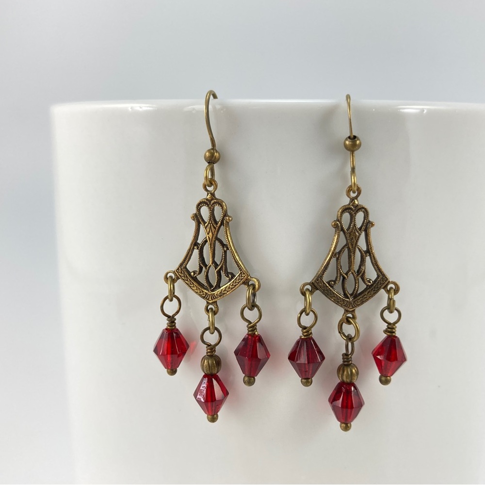 Host Pick! Red Crystal Earrings, Handmade, Victorian, Crystal & Antique Brass - Picture 3 of 4